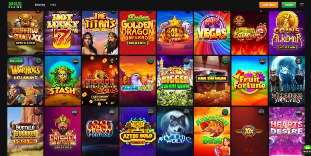 screenshot of top rated real money online casino - wild casino games on homepage