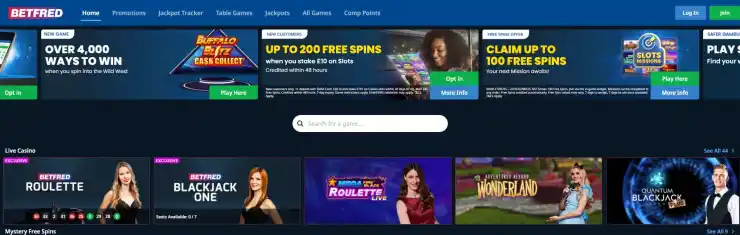 BetFred frontpage with their promotions and live casino games