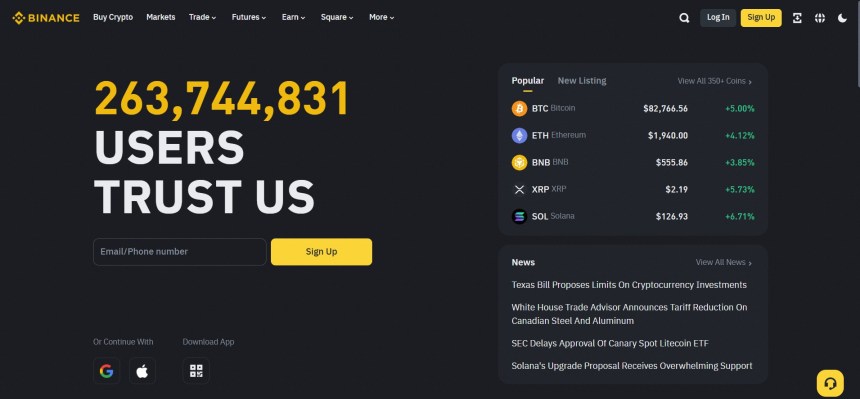 Homepage da Binance