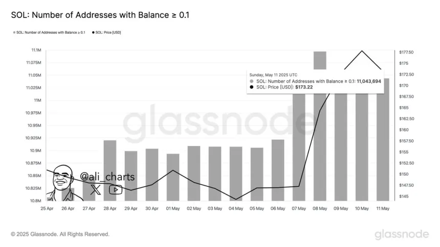 Solana number of addresses with balance > 0.1 | Source: Ali Martinez on X