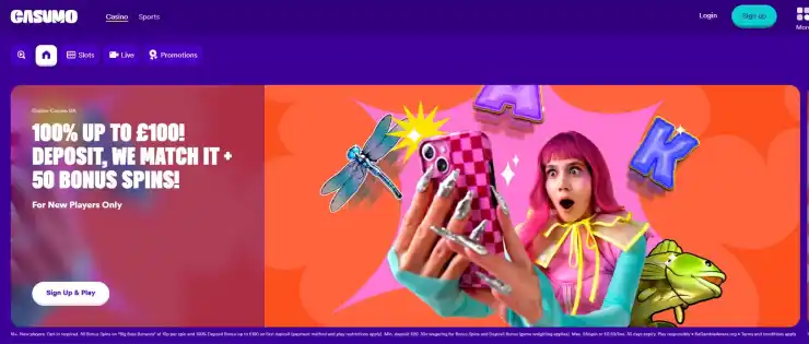 Casumo homepage displaying their game sections and welcome bonus