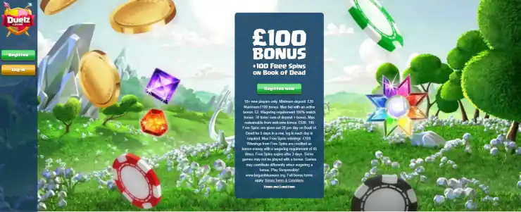 Duelz homepage with a green field in the background and their welcome bonus in the foreground