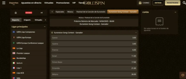 Realiza apuestas en Eurovisión 2026 fácilmente con Goldspin.