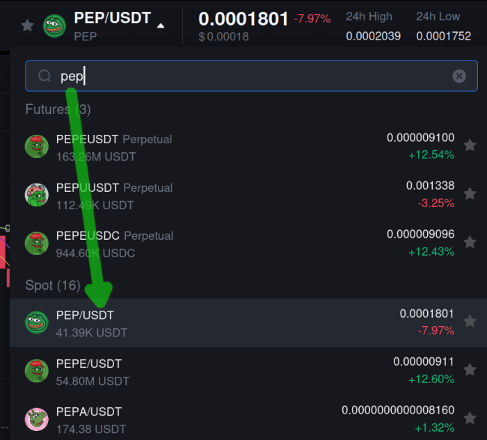 How to find PEP⁄USDT spot pair on MEXC