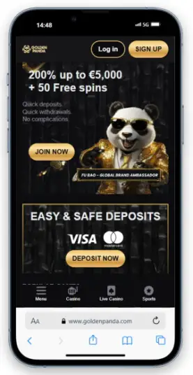 Golden Panda's homepage on mobile.