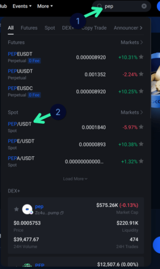 Selecting PEP trading pair on MEXC