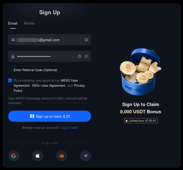 Sign-up screen on MEXC.