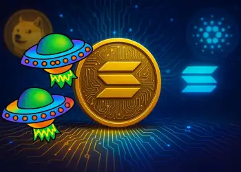 Altcoin Solaxy ($SOLX) prikazan ispred blockchain mreže, uz Dogecoin i Cardano u pozadini — simboličan prikaz rasta i potencijala novih Altcoina.