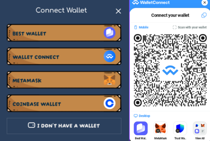 Wallet selection and QR code pop-ups