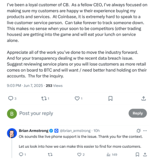 X comment around customer service issues with Coinbase