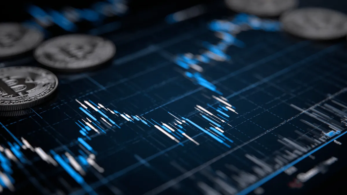 ビットコインのチャートと仮想通貨コインが並ぶトレーディング画面のクローズアップ