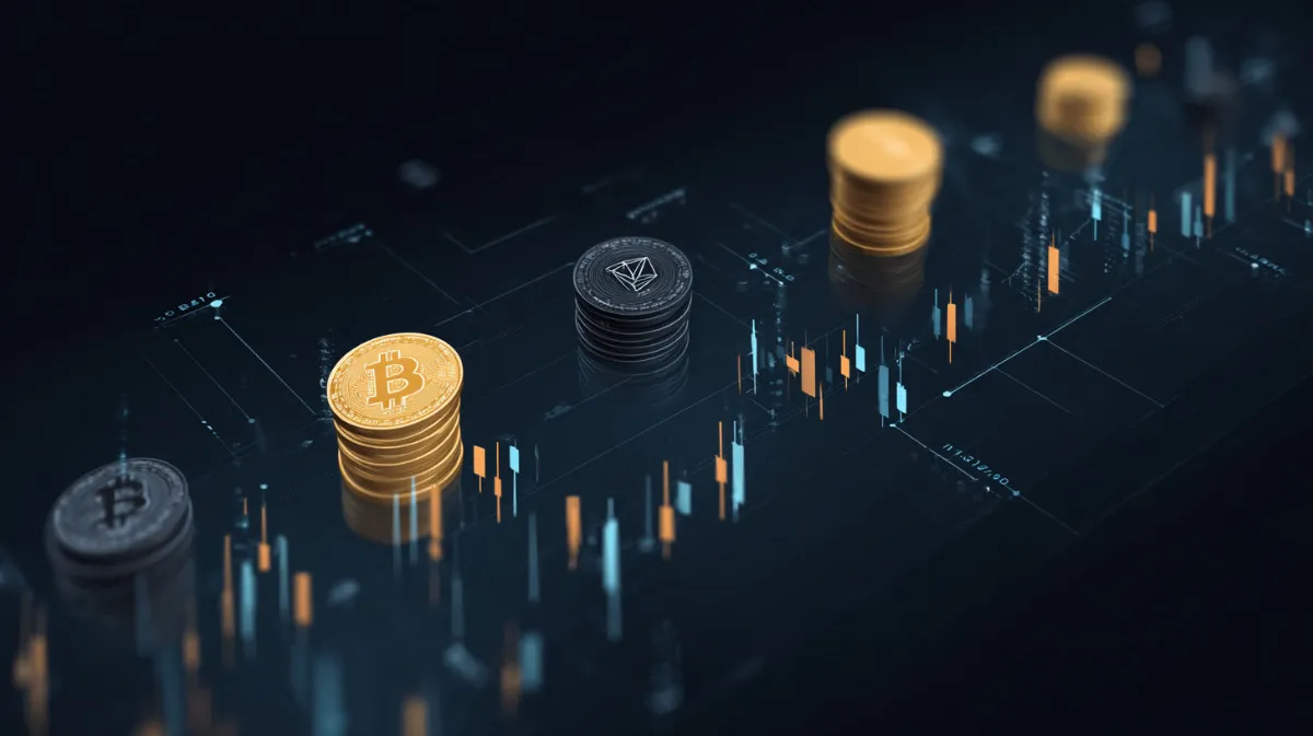 ビットコインやイーサリアムなどの仮想通貨とローソク足チャートが並ぶ取引画面風の3Dイメージ