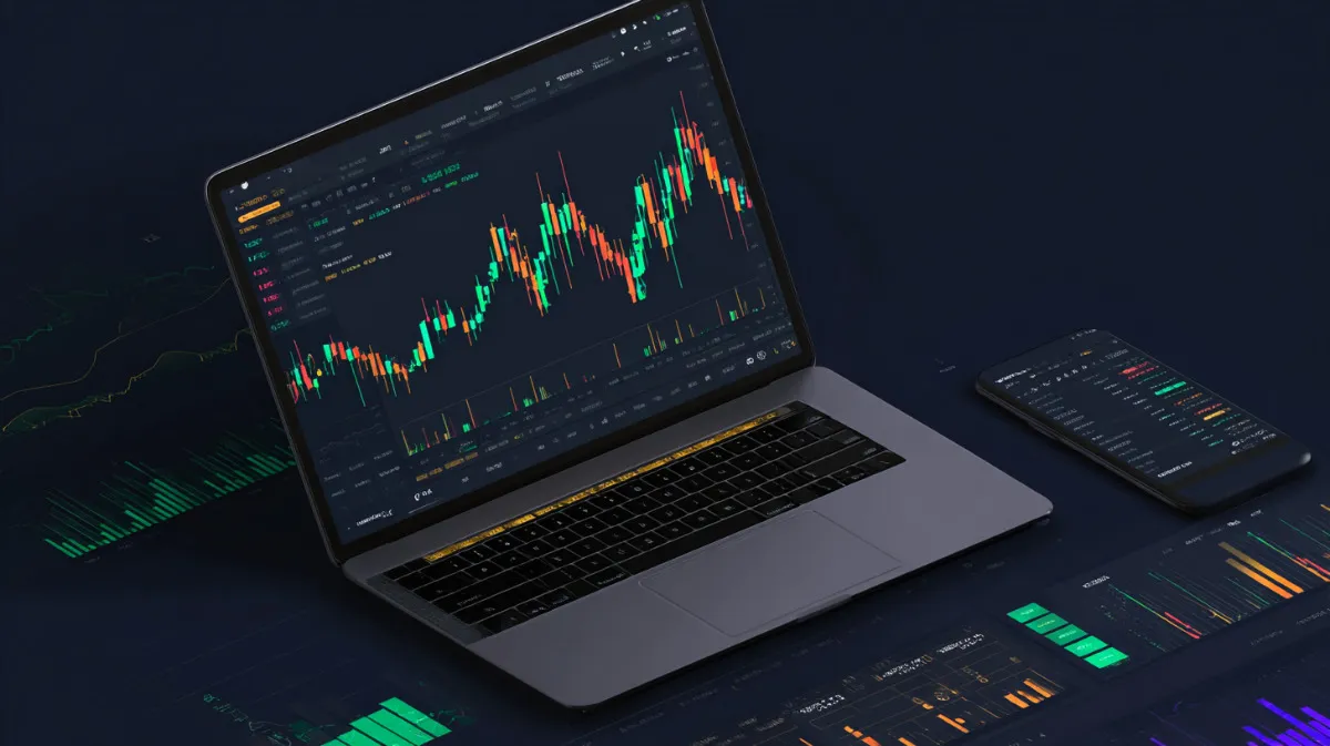 ノートパソコンとスマートフォンに表示された仮想通貨取引プラットフォームのUI画面