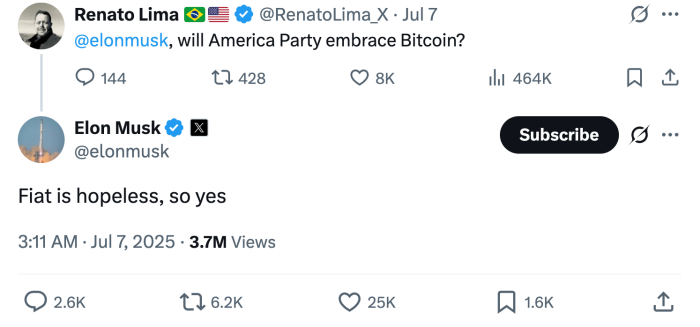 Musk calls fiat hopeless on X.