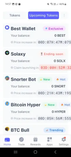 Best Wallet Upcoming Tokens Section