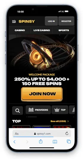 The Spinsy homepage on mobile.