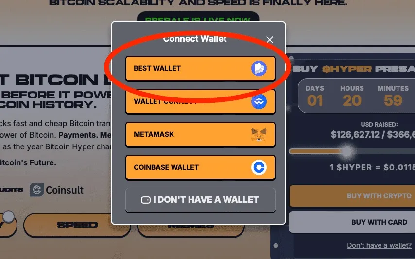 ربط محفظة Best Wallet بواجهة اكتتاب Bitcoin Hyper