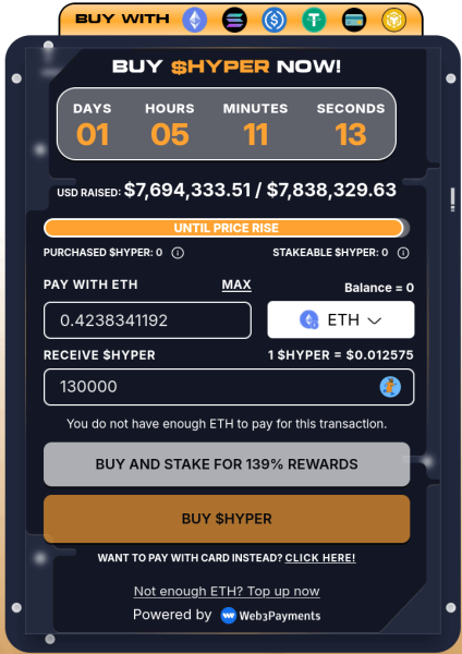 Bitcoin Hyper presale widget with payment options.