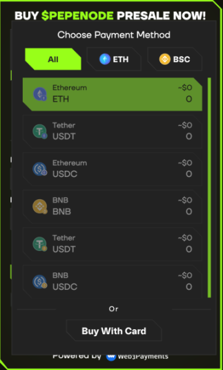 Choosing payment method on PEPENODE ($PEPENODE) official presale website.