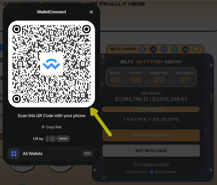 Connecting crypto wallet through QR code.