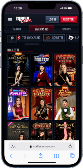 a mobile screenshot of Mafia Casino's live dealer online roulette page