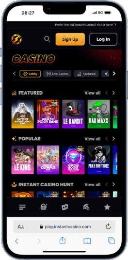 mobile screenshot of instant Casino showing the game lobby