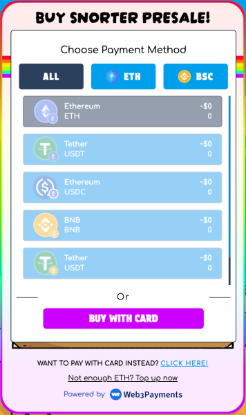 Official Snorter Token presale dashboard showing payment options.