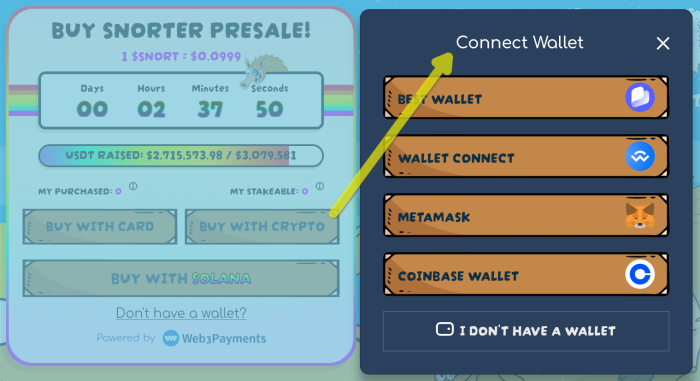 Official Snorter Token presale page connect wallet pop-up.