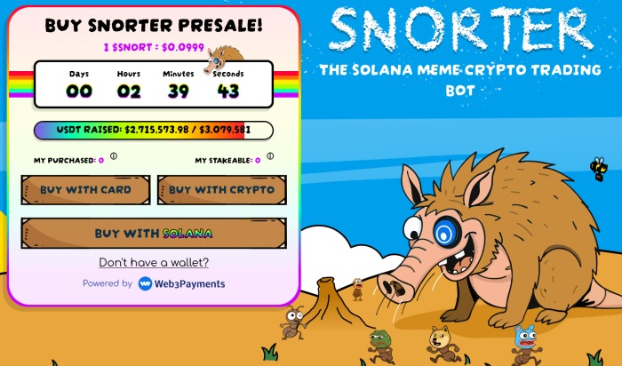 Official Snorter Token presale widget with purchase options.