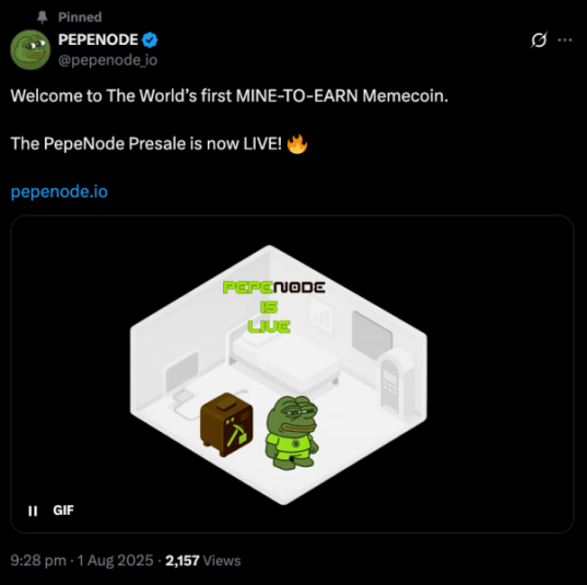 PEPENODE announcement on X of presale going live.