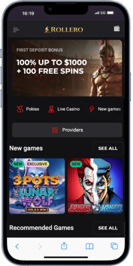 The Rollero homepage on mobile.