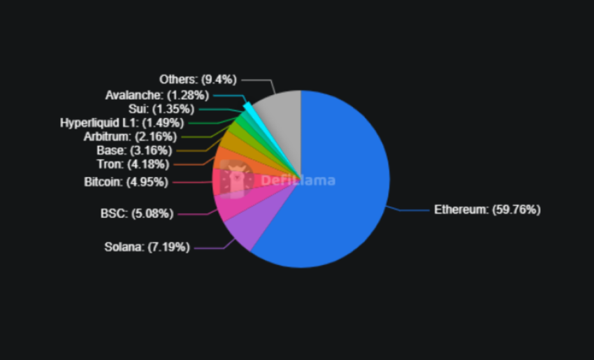 Total Value Locked per DeFi blockchain. Bron: DeFiLlama