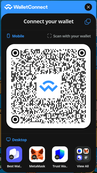 WalletConnect screen with QR code to scan.