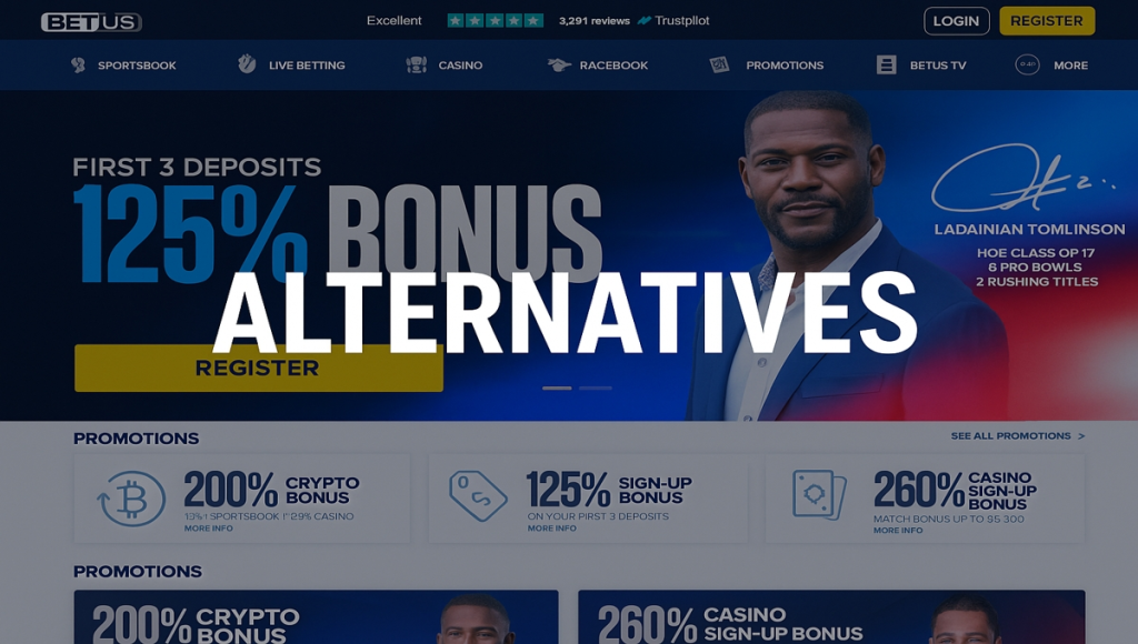 screenshot of BetUS homepage with “alternatives” text overlay