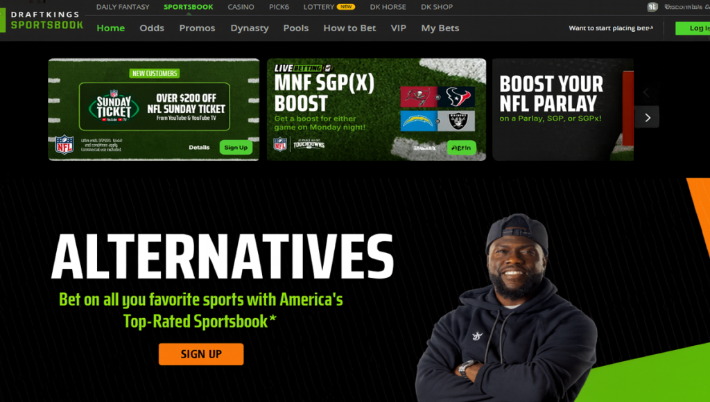 [screenshot of DraftKings homepage with “alternatives” overlay text] 