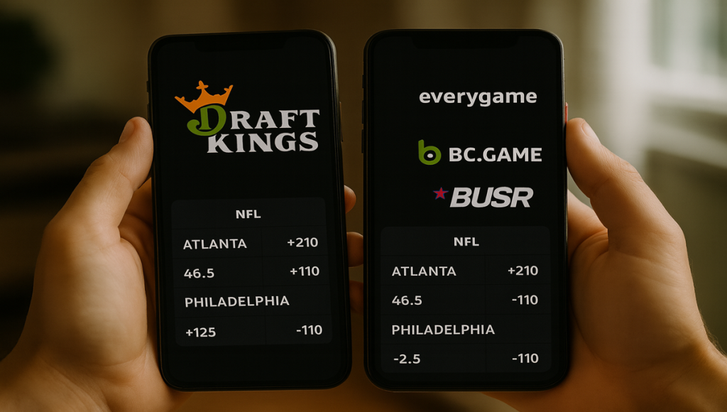 [image of a user comparing DraftKings and other betting apps side-by-side on a smartphone]