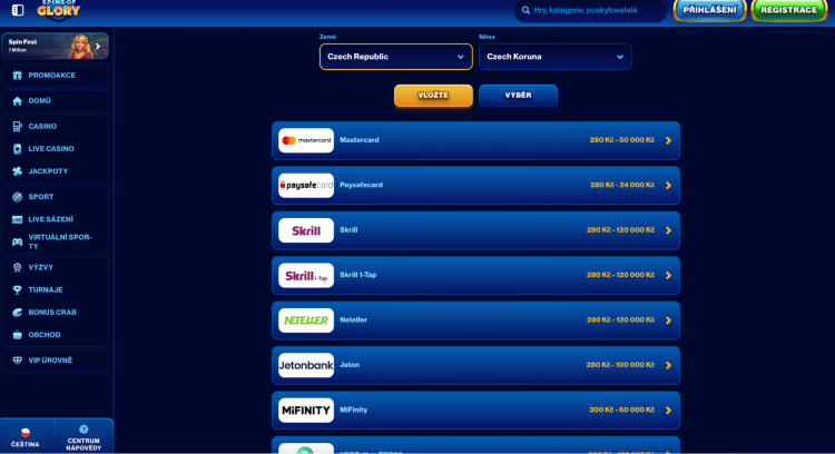 Platební metody ve sázkové kanceláři Spins of Glory