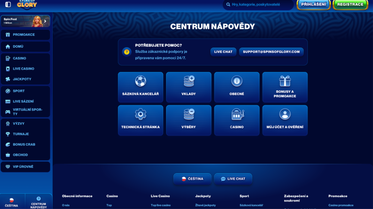 Ukázka zákaznické podpory v Spins of Glory