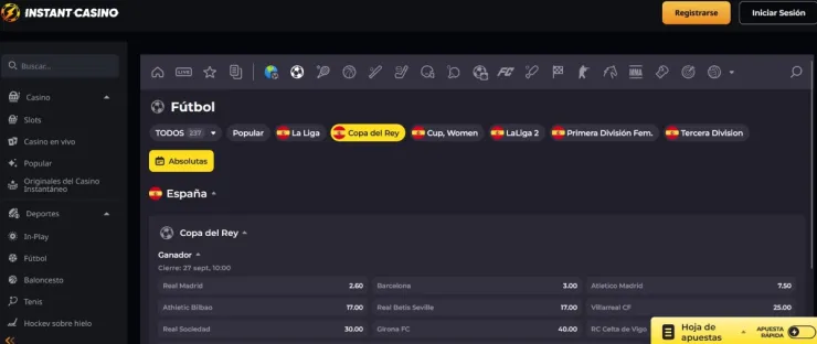 Instant Casino permite hacer apuestas de la Copa del Rey en directo