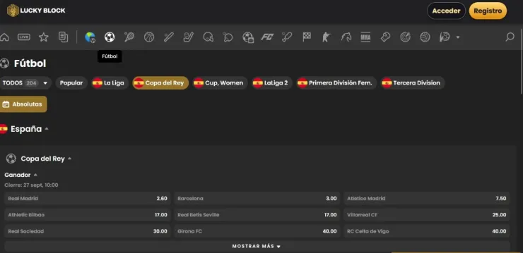 En Lucky Block encontrarás cuotas para el ganador de la Copa del Rey