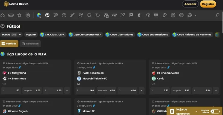 Lucky Block ofrece cuotas de la Europa League actualizadas