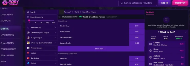 Roby Casino incluye cientos de mercados de Fórmula 1