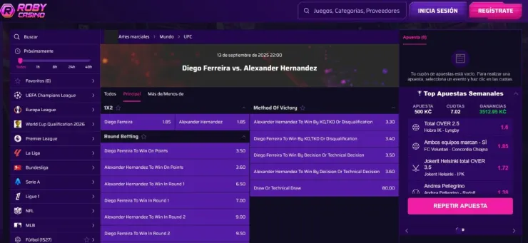 Roby Casino ofrece un amplio abanico de apuestas en la UFC.