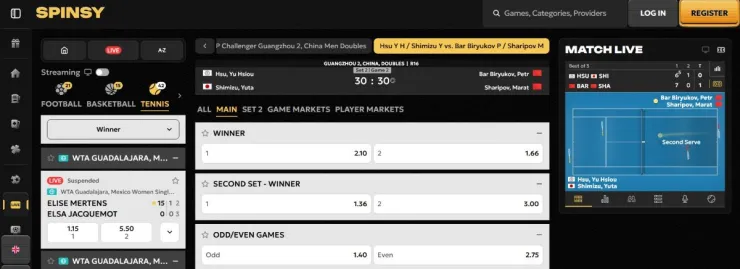 Spinsy ofrece una amplia cobertura de apuestas de tenis a lo largo de todo el año
