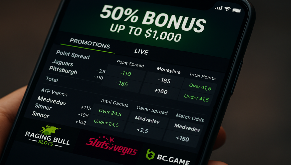 [image of sportsbook interface showing bonuses and live betting markets]