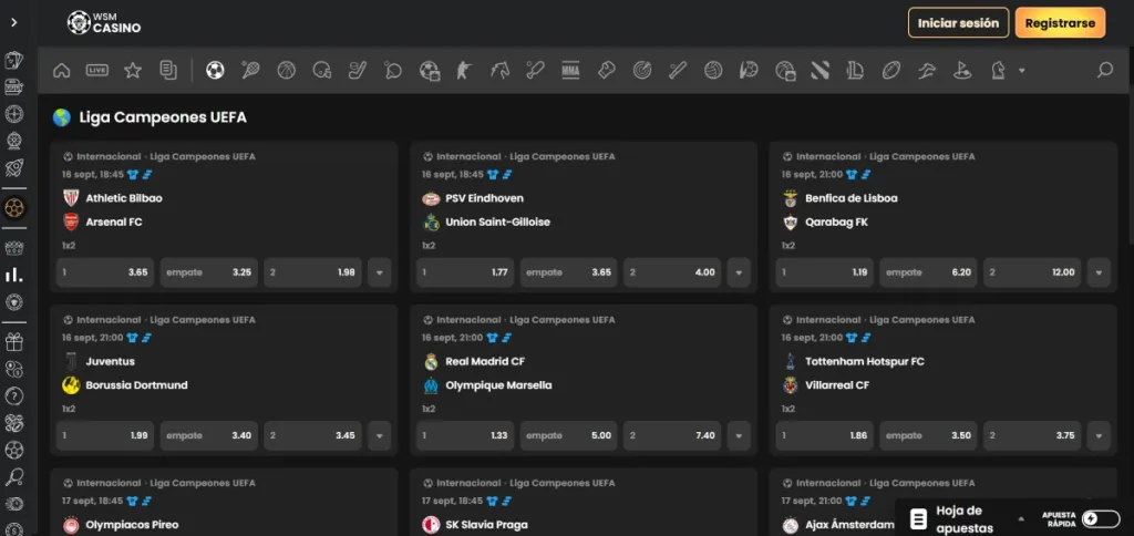 En WSM Casino puedes apostar a la Champions League