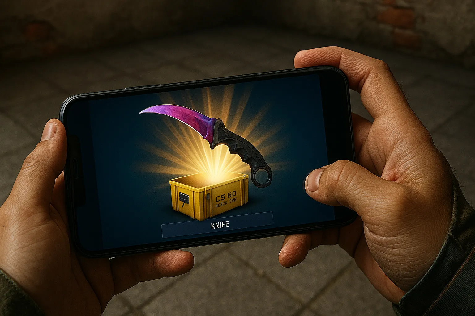 CSGO武器ケース解放シーンのスクリーンショット風の画像｜ケースが開いてナイフが光って出てくる演出