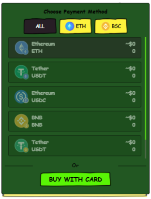 Choosing a payment method (crypto or card) to buy $MAXI tokens.