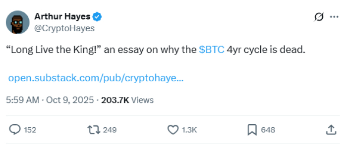 Arthur Hayes’ thesis announcement on X.