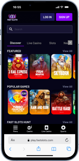 a mobile screenshot of Fast Slots, one of the best poli pay casinos in NZ